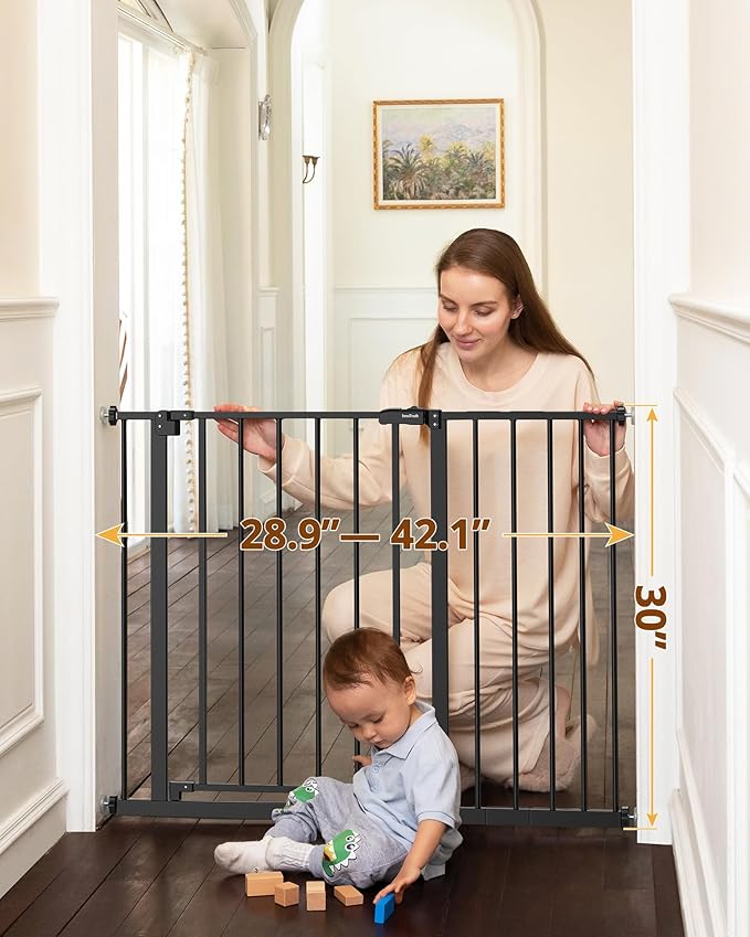 InnoTruth Baby Gate for Stairs 28.9-42.1" Wide, 30" Tall Easy Step Walk Through Expandable Dual Lock Dog Gates for The House, Metal Pressure Mounted Easy Install Pet Gate for Dogs, Black