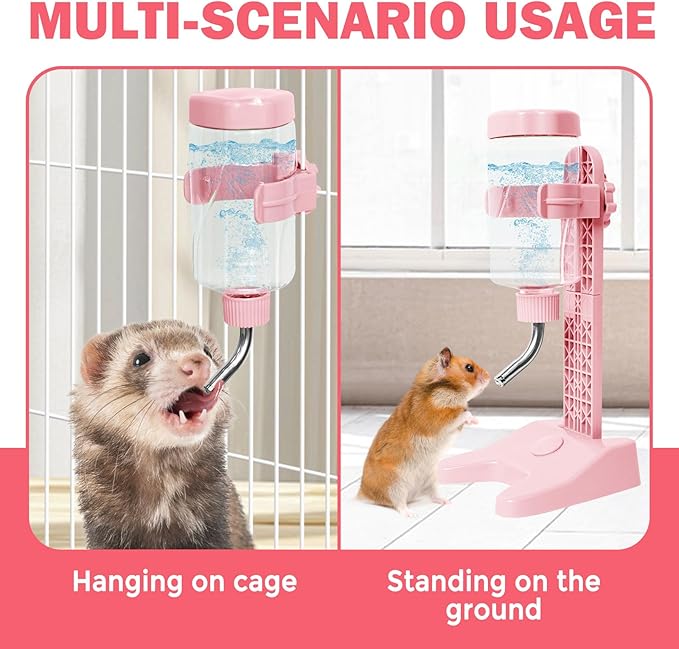 Pet Standing Water Dispenser Top Fill Dog Water Bottle Dispenser with Stand Leakproof Pet Slow Water Bottle for Small Animals, 13oz, BPA Free, Adjustable Height, Pink