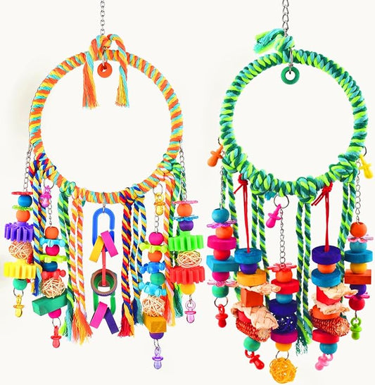 KATUMO Bird Toys 2 Pack Parrot Swings Conure Rope Rings Parakeet Perches Cockatiel Chew Toys for Lovebirds, Finches, Parakeets, Budgies, Conures, Small Birds