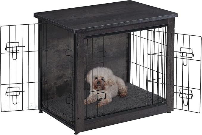 DWANTON Dog Crate Furniture with Cushion, Wooden Crate with Double Doors, Dog Kennel Indoor for Small/Medium/Large Dog, End Table, Small, 27.2" L, Dark Grey