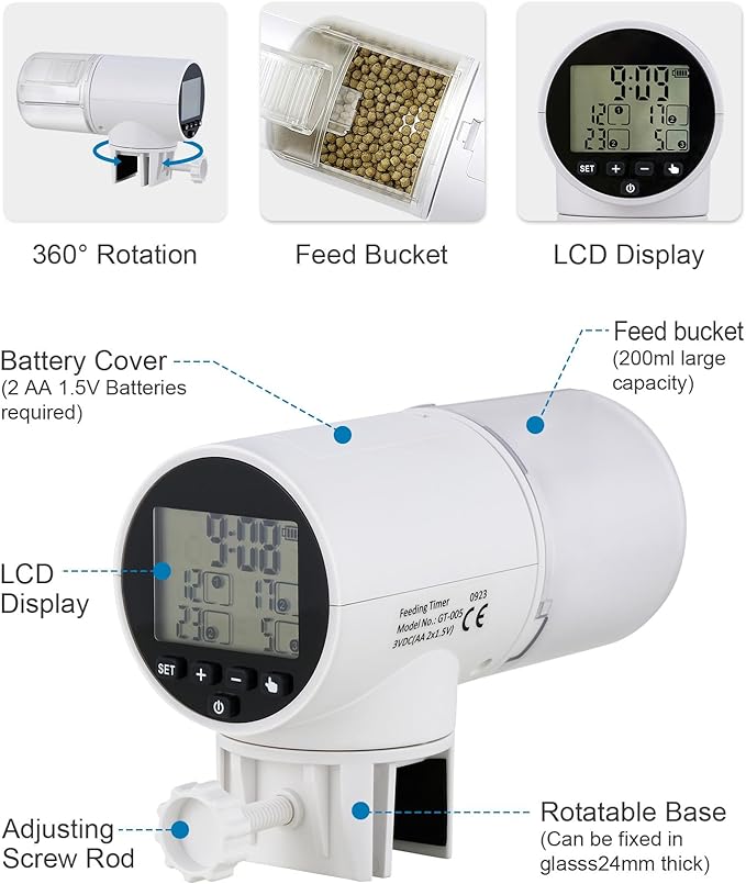 Automatic Fish Feeding Machine, Suitable for Aquarium or Fish Tank, Weekend and Holiday Display Battery Powered Fish Food Moisture-Proof Goldfish Turtle Food Distribution Machine,200ml Large Capacity