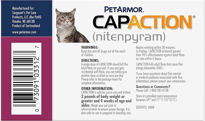 PetArmor CAPACTION (nitenpyram) Oral Flea Treatment for Cats, Fast Acting Tablets Start Killing Fleas in 30 Minutes, Cats 2-25 lbs, 6 Doses