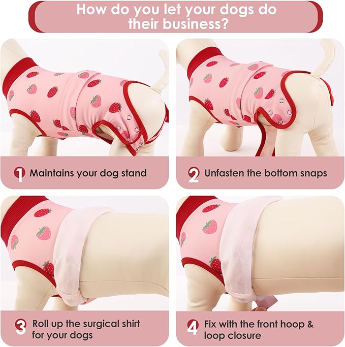 AOFITEE Dog Recovery Suit, Dog Surgical Recovery Suit for Female Dogs Male Dogs, Cozy Dog Onesie for Surgery, Cone E-Collar Alternative, Anti Licking Dog Surgical Shirt with Pee Hole, Strawberry M