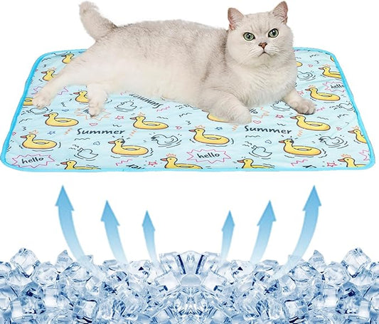 BAMY Cat Cooling Mat Summer Dog Silk Pad Self Cooling Cushion Washable Kitten Ice Blanket with Duck Strawberry Pattern (Blue Duck, S (19.7"x15.7"))