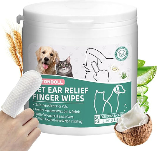 Dog Ear Cleaner Finger Wipes - Cat Ear Cleaner Wipes Grooming Pet Supplies Reduce Dirt Wax, Debris Soothes & Deodorizes, Fresh Coconut Scent 50 Counts