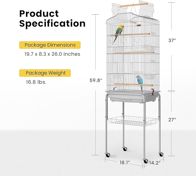 VIVOHOME 64 Inch Bird Cage with Play Top and Rolling Stand for Parrots Conures Lovebird Cockatiel Parakeets Gray