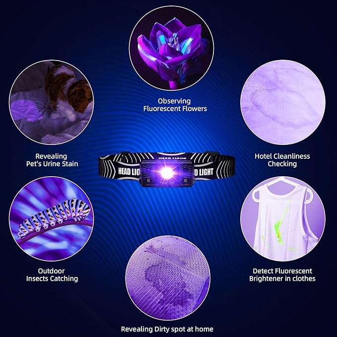 COSOOS 2IN1 UV Headlamp Flashlight Black Light, Rechargeable LED Hand Free Blacklight 395nm Mini Headlight with White & Ultraviolet Light, Detector for Pet Dog Cat Urine Stain,Bed Bug,Scorpions Finder