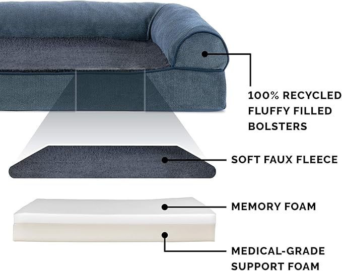 Furhaven Memory Foam Dog Bed for Large Dogs w/ Removable Bolsters & Washable Cover, For Dogs Up to 95 lbs - Sherpa & Chenille Sofa - Orion Blue, Jumbo/XL