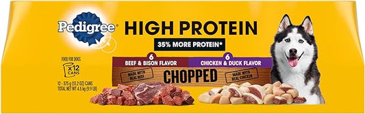 PEDIGREE High Protein Adult Canned Soft Wet Dog Food Variety Pack, Chopped Beef & Bison Flavor and Chopped Chicken & Duck Flavor, 13.2 Oz (Pack of 12)