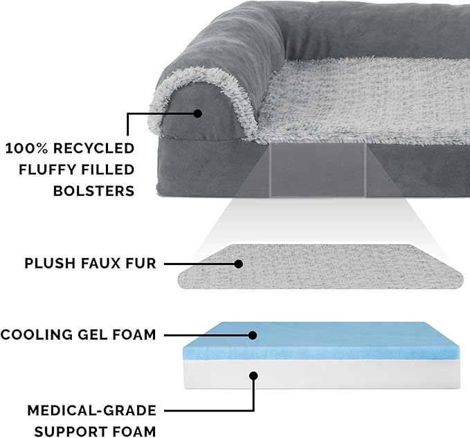 Furhaven Cooling Gel Dog Bed for Large Dogs w/ Removable Bolsters & Washable Cover, For Dogs Up to 125 lbs - Two-Tone Plush Faux Fur & Suede L Shaped Chaise - Stone Gray, Jumbo Plus/XXL