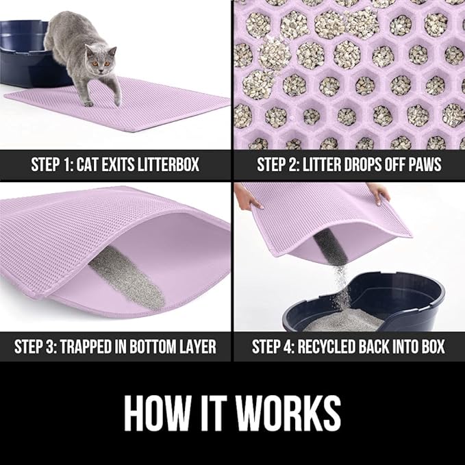 Gorilla Grip Honeycomb Cat Litter Mat, Two Layer Trapping Waste Mats, Soft On Paws, Indoor Box Supplies and Essentials, Feeding Trap, Water Resistant on Floors, 30x24 Purple