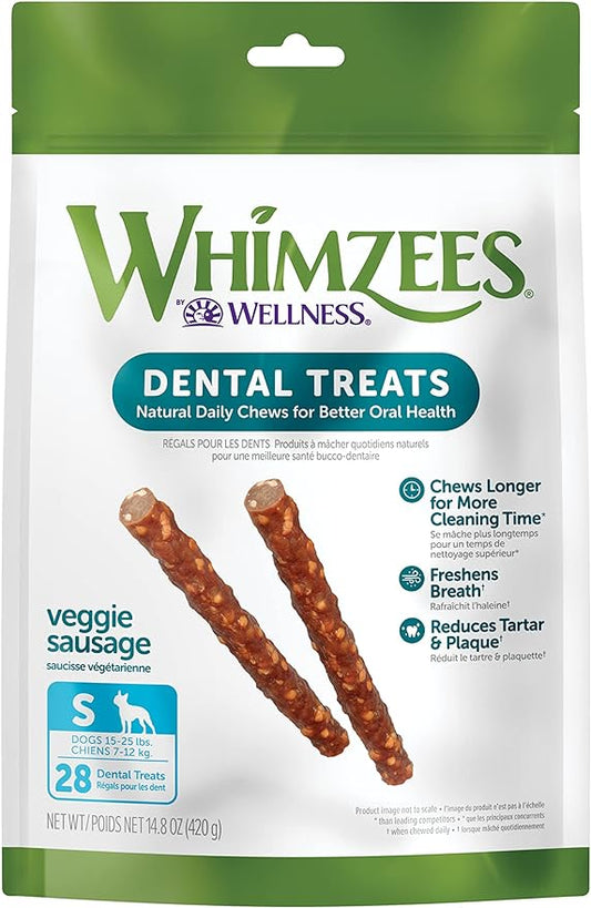 WHIMZEES Natural Grain Free Daily Dental Long Lasting Dog Treats, Veggie Sausage, Small, Bag of 28