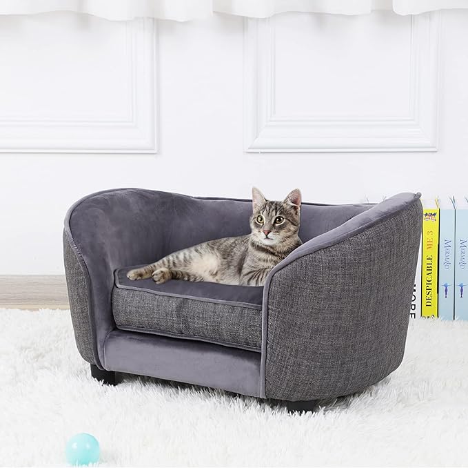 Pet Sofa Bed, Velvet & Linen fabric Dog Couch with Washable Cushion for Small Dog Cat Gray (Gray)