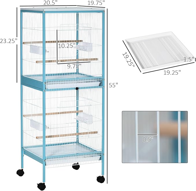 PawHut Large Bird Cage with 1.7 ft. Width for Wingspan, Bird Aviary Indoor with Multi-Door Design, Fit for a Canary, Finch, Conure, 55", Light Blue