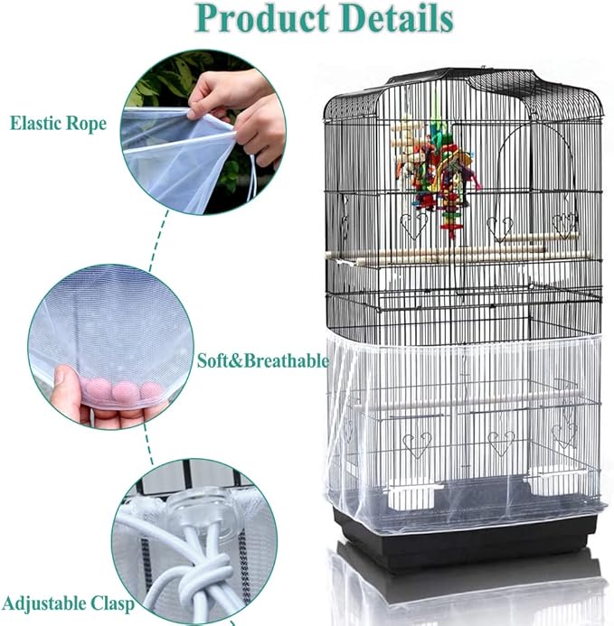 ASOCEA Bird Cage Seed Cather,Universal Adjustable Birdcage Cover Skirt Nylon Mesh Netting Parrot Parakeet Macaw African Round Square Cages Cover