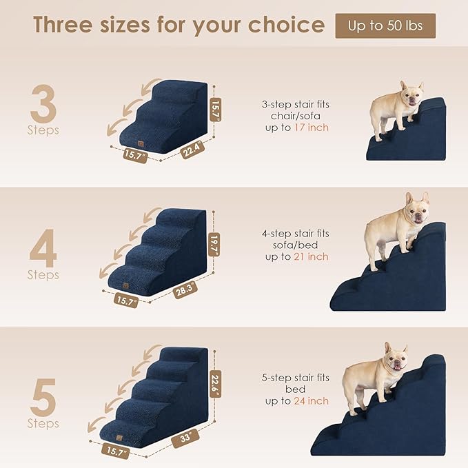 EHEYCIGA Curved Dog Stairs for Small Dogs 15.7" H, 3-Step Dog Steps for Couch Sofa and Chair, Pet Stairs for Cats, Non-Slip Balanced Pet Steps Indoor, Navy