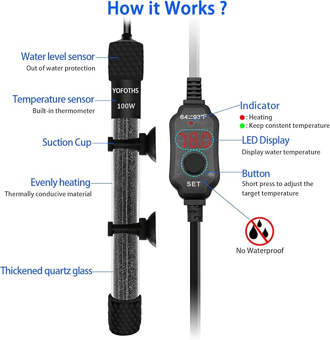 Adjustable Mini Aquarium Heater 10-20 Gallons Submersible Small Fish Tank Heater 100W Digital Display Thermostat External Temperature Controller (100W)