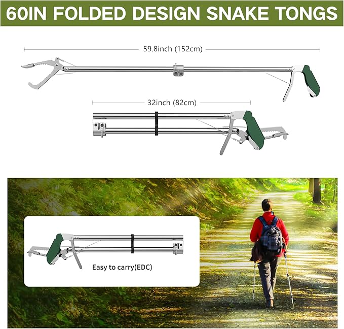 60“ Snake Tongs Collapsible Grabber, Professional Reptile Snake Catcher Wide Jaw Handling Tool, Stainless Steel Snake Hook