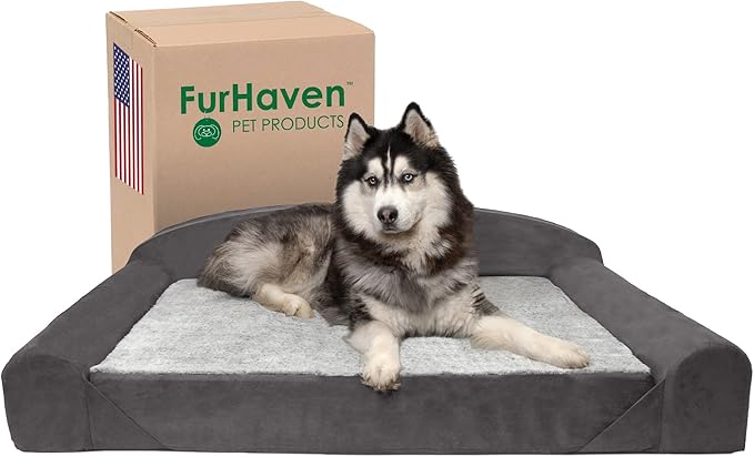 Furhaven Orthopedic Dog Bed for Large Dogs w/ Removable Washable Cover & Reversible Foam Cushion, For Dogs Up to 200 lbs - Luxury Edition Faux Fur & Suede Sofa - Stone Gray, Jumbo (X-Large)