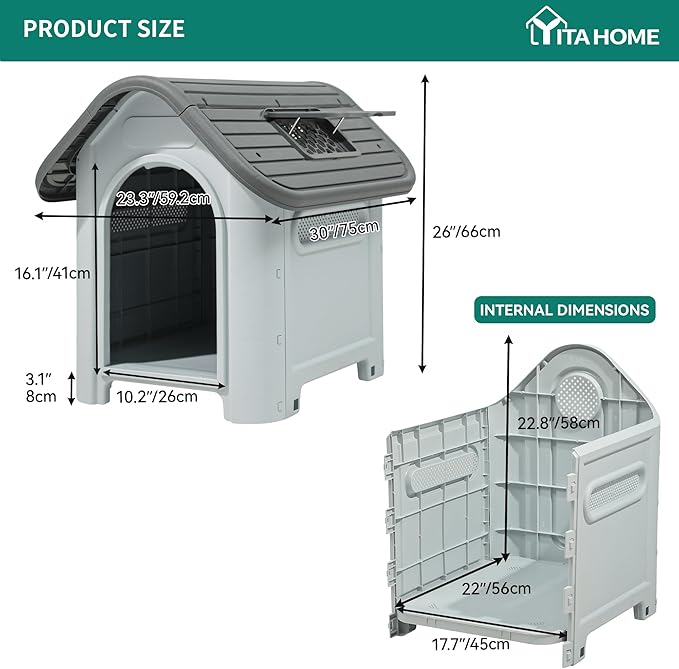 YITAHOME 30'' Large Dog House Outdoor Plastic Doghouse Water Resistant Pet House with Adjustable Skylight and Elevated Base for Small Dogs (30''L*23.3''W*26''H)