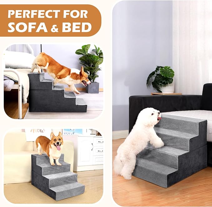 Heeyoo Dog Stairs for Small Dogs,5-Step Dog Steps for High Bed and Couch, High-Density Foam Pet Steps with Supporting Board, Non-Slip Removable Washable Cover, Grey, 23" High