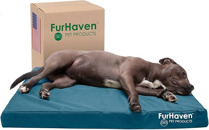 Furhaven Water-Resistant Memory Foam Dog Bed for Large/Medium Dogs w/ Removable Washable Cover, For Dogs Up to 55 lbs - Indoor/Outdoor Logo Print Oxford Polycanvas Mattress - Deep Lagoon, Large