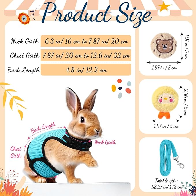 Rabbit Harness and Leash Set with 2 Cute Decorations Soft Adjustable Buckle Breathable Mesh Vest Harness for Rabbits Ferret Small Pig Puppy Walking Supplies (Light Blue,Lively Pattern)
