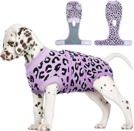 FUAMEY Recovery Suit for Dogs After Surgery,Soft Breathable Dog Bodysuit E-Collar & Cone Alternative Surgical Suit,Male Female Dog Neuter Spay Suits Anti Licking Wounds Onesie Purple Leopard S