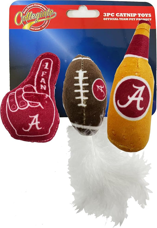 Pets First Best Plush CAT Toy - NCAA Alabama Crimson Tide Complete Set of 3 Piece Cat Toys Filled with Fresh Catnip. Includes: 1 Helmet Cat Toy, 1 Football Cat Toy with Feathers, & 1 Beer Bottle.