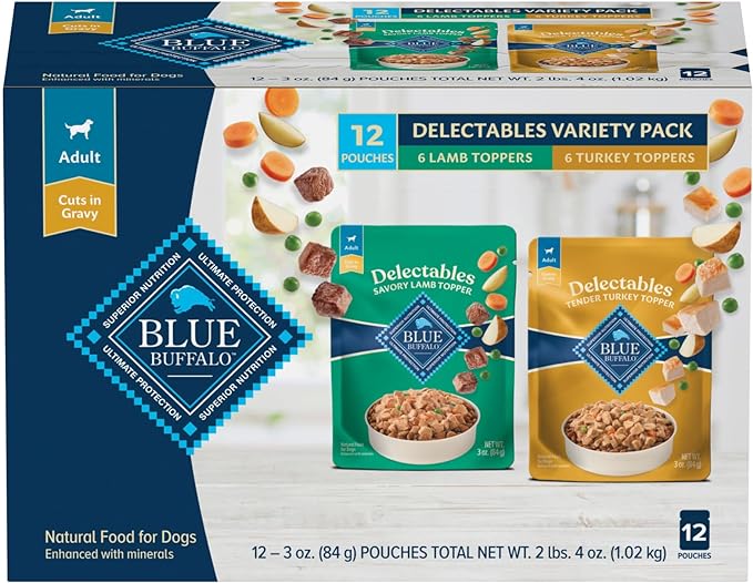 Blue Buffalo Delectables Natural Wet Dog Food Topper Variety Pack, Lamb & Turkey Dinner 3-oz (12 Pack - 6 of Each Flavor)