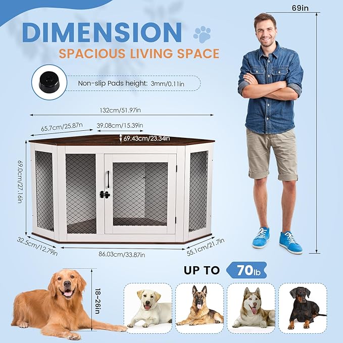 Corner Dog Crate Furniture, Wooden Dog Kennel End Table with Door Furniture Style Dog House Pet Crate Indoor Use for Small Medium Large Dogs