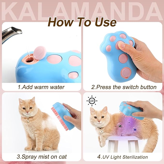 Cat Steam Brush for Shedding, 4 in 1 Steamy Cat Brush with Cleanser, Dog Massage Grooming Brush with Release Button, Pet Hair Cleaning Misting Comb for Kitten(Blue Paw)