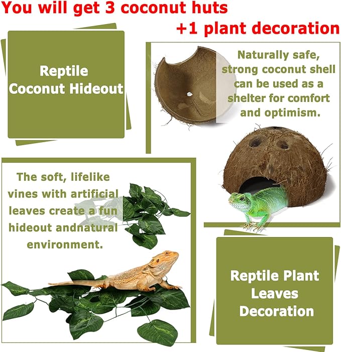 Hamiledyi Reptile Hideouts Natural Coconut Shells Hut Small Animal Hide Cave Hermit Crab Climbing Toys Lizard Habitat Decor Plant Leaves Decoration for Gecko Spider Snake Chameleon (4Pcs)