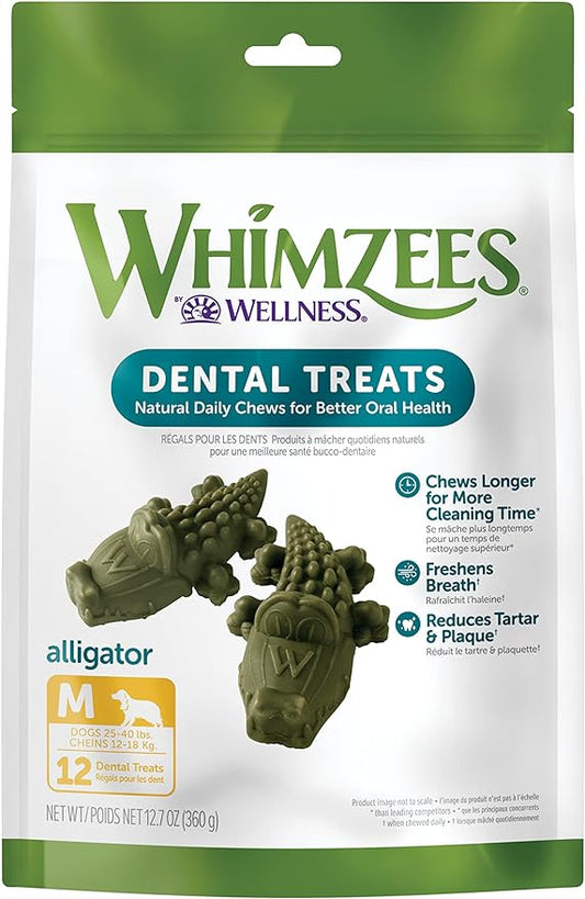 WHIMZEES by Wellness Alligator Natural Dental Chews for Dogs, Long Lasting Treats, Grain-Free, Freshens Breath, Medium Breed, 12 Count