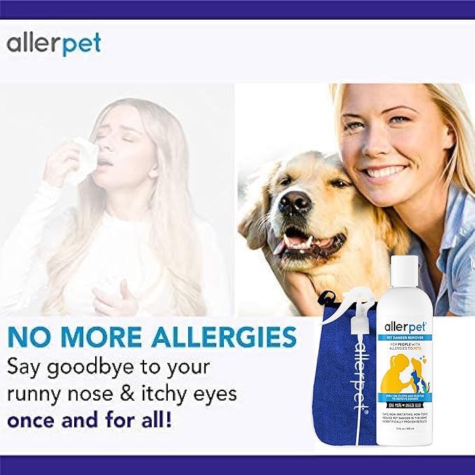 Allerpet Multi-Pet Dander Remover with FREE Application Mitt & Sprayer - Best Pet Dander Remover for Allergens - For Dog/Cat Dry Skin Treatment - Made in USA - (12oz)