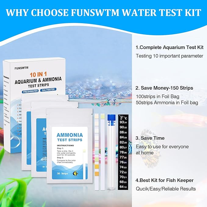 Aquarium Test Strips for Freshwater: 10 in 1 Aquarium Ammonia Test Strips for Fish Tank Ammonia Test Kit for Aquarium Pond - Testing Ammonia Nitrate Nitrite pH,etc