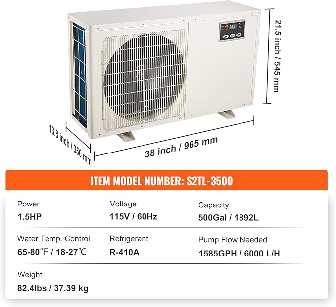 VEVOR Aquarium Chiller, 500 Gal 1892 L, 1.5 HP Hydroponic Water Chiller, Quiet Refrigeration Compressor for Seawater and Fresh Water, Fish Tank Cooling System, for Jellyfish, Coral Reef