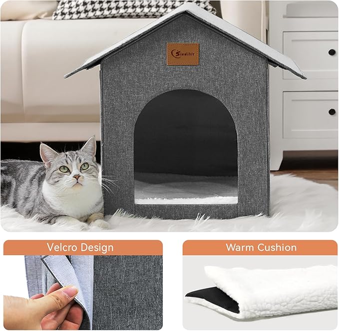 Outdoor Cat House, Outdoor Cat Shelter Feral Cat, Outside Waterproof Cat House for Outdoor/Indoor Cats, Insulated Cat House for Winter with Cozy Cushion, Easy to Assemble, Grey, 2 Pack