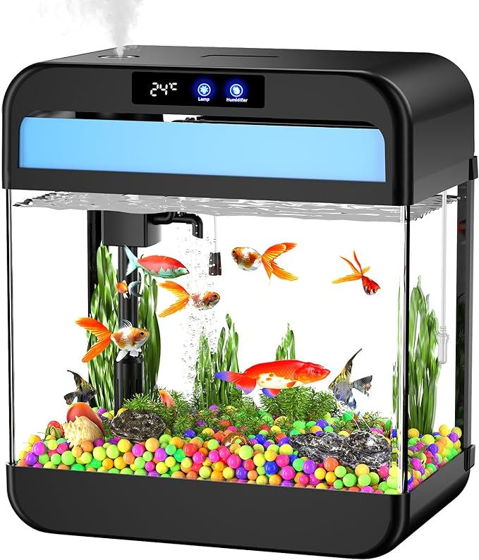 Fish Tank Aquarium 2.2 Gallon with Humidifier 7 Color Looping Light with Timer Self-Cleaning 3 in 1 Water Pump with Filteration & Oxygenation & Circulation, Temperature Display, HD Heat Bending Glass