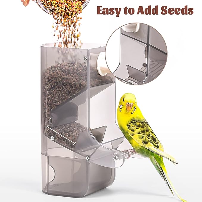 Hamiledyi Parrot Automatic Feeder No Mess Bird Feeder for Cage Parakeet Seed Food Container Plastic Lovebirds Cage Accessories for Small Conures Budgies Canary Finches(Gray)