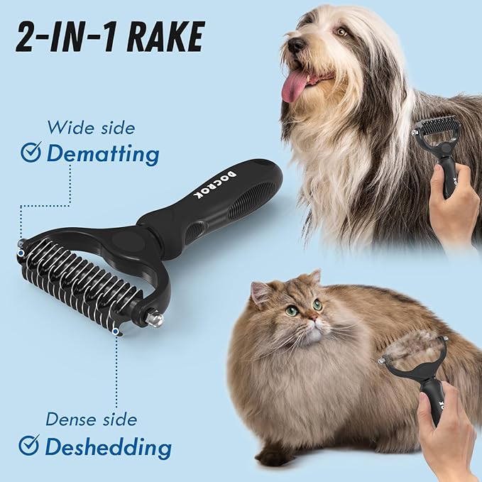 Pet Grooming Brush and Metal Comb Combo, Cat Brush Dog Brush for Shedding, Undercoat Rake for Dogs Grooming, Dematting Deshedding Brush Dogs Shedding Tool for Long matted Haired Pets, Black