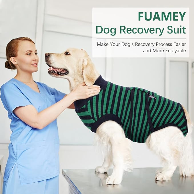 FUAMEY Recovery Suit for Dogs After Surgery,Soft Breathable Dog Bodysuit E-Collar & Cone Alternative Surgical Suit,Male Female Dog Neuter Spay Suits Anti Licking Wounds Onesie Green Black Stripes L