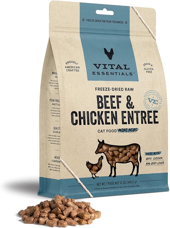 Vital Essentials Freeze Dried Raw Cat Food, Beef & Chicken Mini Nibs Entree, 12 oz