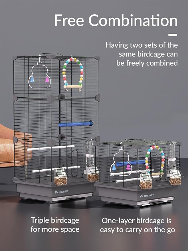 17 Inch Small Square Metal Pet Bird Cage, Parrot Cage, Bird Carrier Travel Cage, with Bird Standing Stick, Swing, Water Feeder, Easy to Clean, for Budgies, Zebra Finches and Other Small Birds