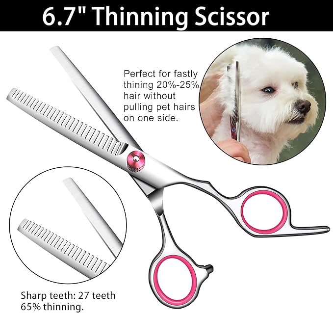 Pink Dog Grooming Scissors with Safety Round Tip,Pet Grooming scissors Kit,Dog Shears kit,Incudes Thinning,Curved,Straight Grooming Scissors，Nail Clippers,Nail File and Comb for dogs,cats.