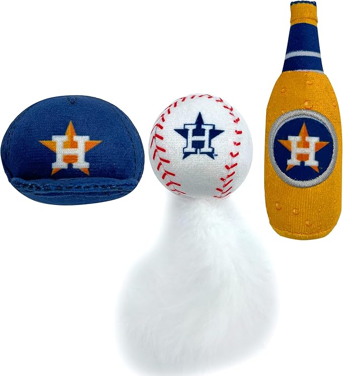 BEST PLUSH CAT TOY - MLB HOUSTON ASTROS Complete Set of 3 piece Cat Toys filled with Fresh Catnip. Incld: 1 Baseball Cap Cat Toy, 1 Baseball Cat Toy with Feathers & 1 Beer Bottle. Beautiful Team LOGOS