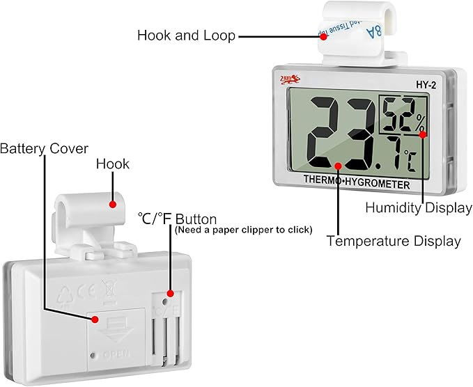 Reptile Thermometer Hygrometer LCD Digital Humidity Gauge Digital Thermometer Hygrometer for Reptile Terrarium Digital Reptile Tank Thermometer Hygrometer with Hook (Silver)