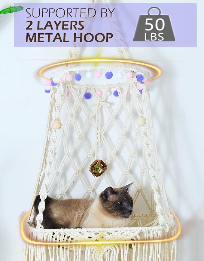 Hanging Cat Hammock Bed 9 Pcs Macrame Cat Swing Bed Macrame Hanging Cat Bed, with 2 Catnip Mat Bed