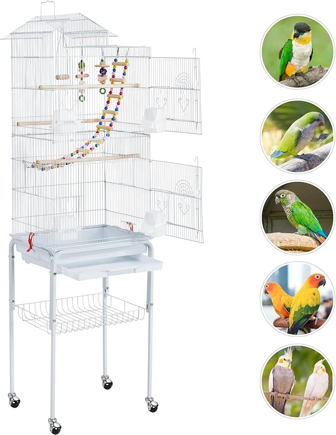 Yaheetech 62.4-inch Roof Top Flight Bird Cage for Parakeets Cockatiels Conures Finches Lovebirds Canaries Budgies Small Parrots, Large Birdcage with Detachable Rolling Stand, White