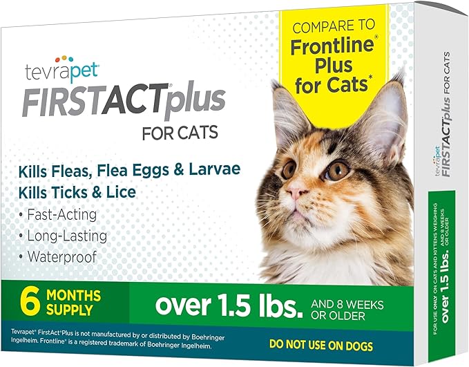 TevraPet FirstAct Plus Flea and Tick Prevention for Cats Over 1.5lbs, 6 Monthly Doses, Topical Drops